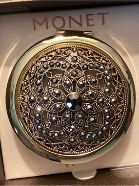 Monet Gold and Black Ornate Jeweled Compact Mirror ÑWT